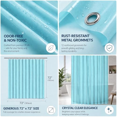 EHZNZIE Aqua Shower Curtain Liner 72x72, PEVA Waterproof Bath Curtain, No - Image 2