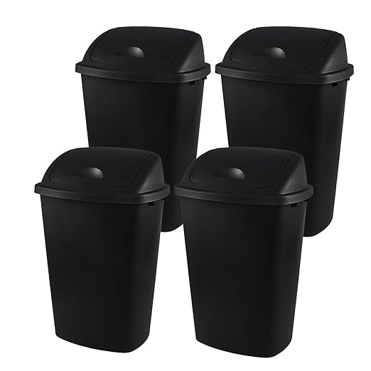 4-Pack 13 Gallon Waste Basket with Swing-Top Lid, Black Garbage Bin, Commercial Trash Can for Kitchen, Outdoor, Garage and School, Fits 13 Gal Liners