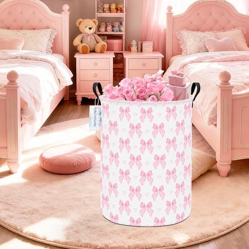 Round Laundry Basket Collapsible Storage Hamper Pink Bowknot - Image 5
