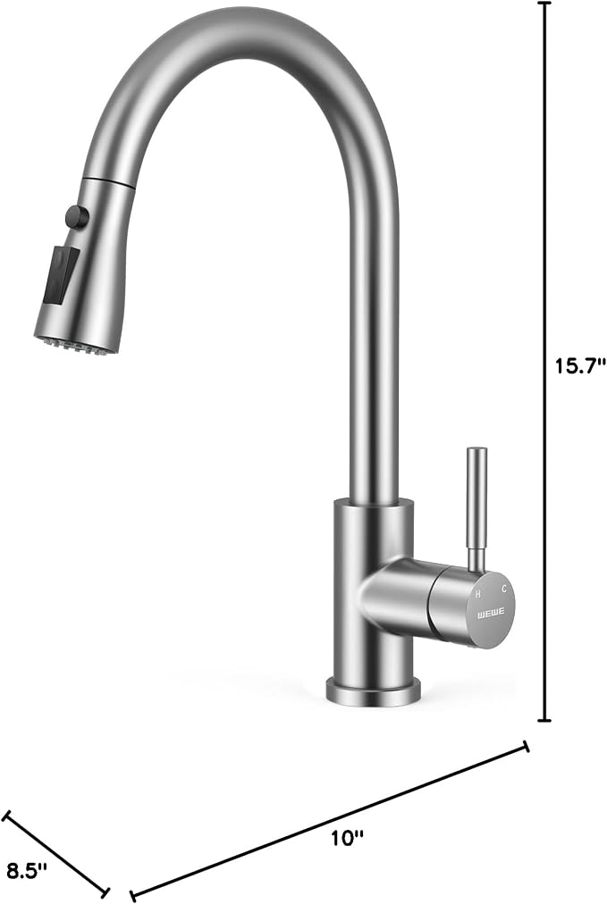 WEWE Pull-Down Kitchen Faucet, 3-Mode Sprayer, Brushed Nickel, High Arc | 360° - Image 12