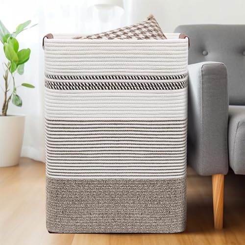Laundry Hamper, 85L Cotton Rope Laundry Basket, Rice Brown & White - Image 4
