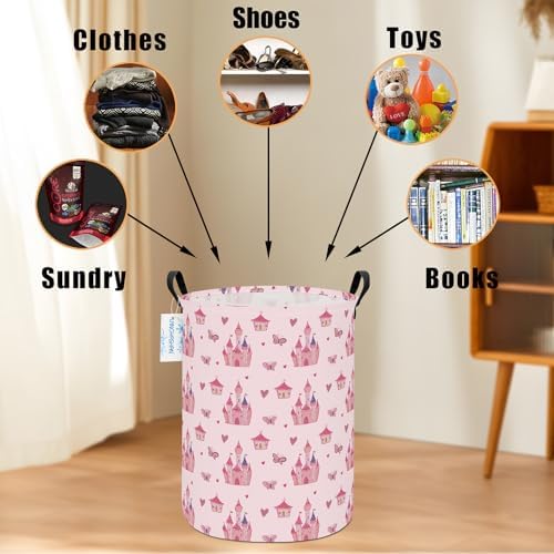 Round Laundry Basket Collapsible Storage Hamper Pink Castle - Image 4