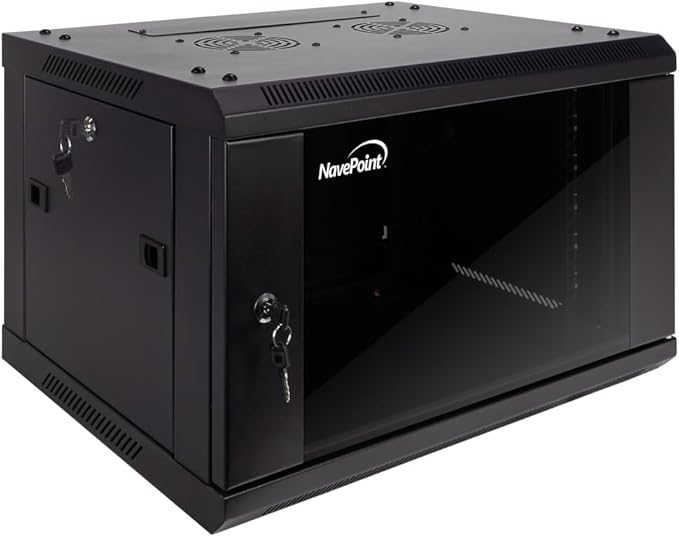 NavePoint 6U Server Cabinet Wall Mount Rack Enclosure Includes 2 Fans, Locking Glass Door, Removable Side Panels – 6U Network Cabinet 17.7” Deep, 19 Inch Server Rack for IT and A/V Equipment
