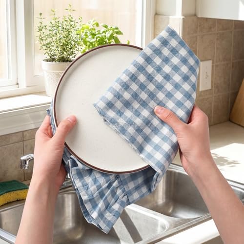 HunnmingRe 2 Pcs Dusty Blue Gingham Kitchen Towels Cotton Ruffle Dish Towel - Image 4