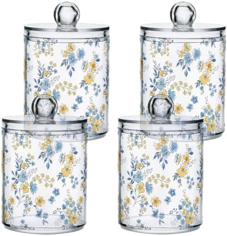 2 Pack Apothecary Jars Bathroom Blue Yellow Floral Qtip Holder Dispenser Clear - Image 2