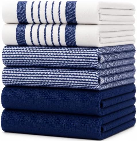 Premium Kitchen Towels 6 Pack 100% Cotton 20"x28" Dish Towels Navy Striped by BumbleTowels