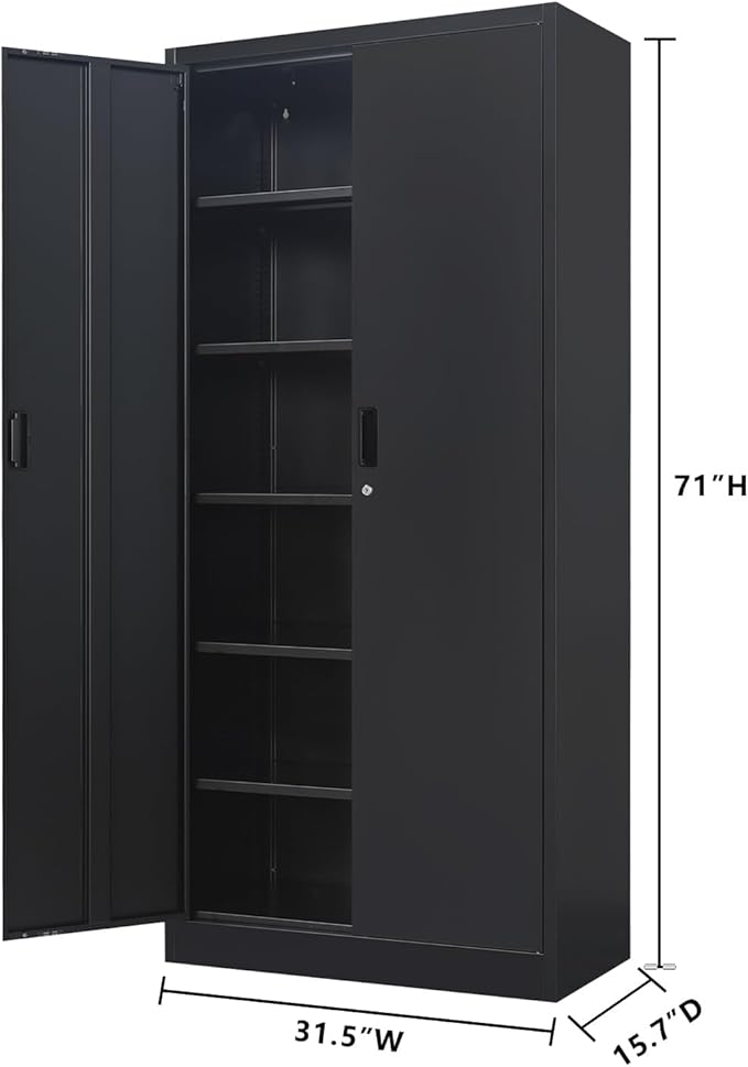 CJF Metal Storage Cabinet, 71" H Locking Cabinet with 5 Adjustable Shelves for Garage, Classroom, School, Home, Office, Pantry-Black