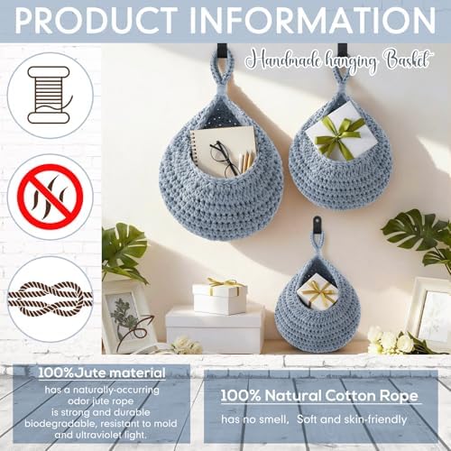 Honeydak 3 Hanging Baskets, Light Blue, Cotton Rope - Image 3