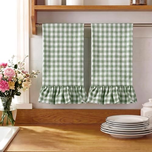 HunnmingRe 2 Pcs Green Gingham Kitchen Towels Cotton Ruffled - Image 7