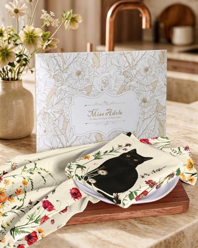 Miss Adola 150GSM Flour Sack Kitchen Towels Set of 4, Cat in Flower - Image 6