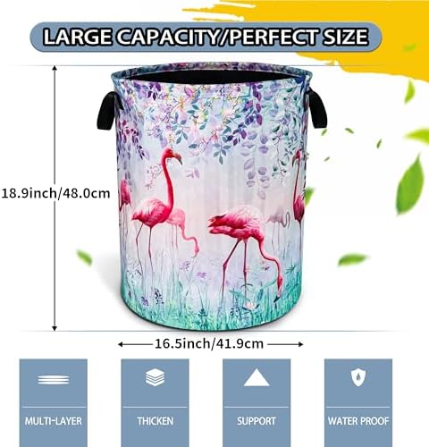 Flamingo Flowers Laundry Basket Foldable Waterproof Hamper 18.9 x 16.5 Inch - Image 2