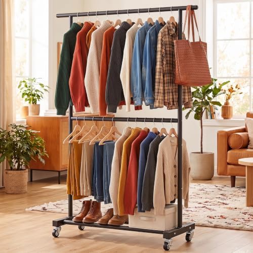 Sywhitta Double Rod Metal Clothing Garment Rack on Wheels - Image 3