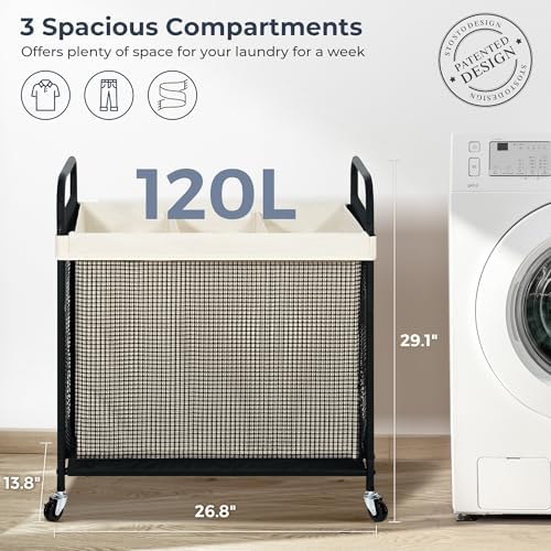 STO STO Laundry Hamper 3 Section, 120L Rolling Laundry Sorter Cart - Image 6