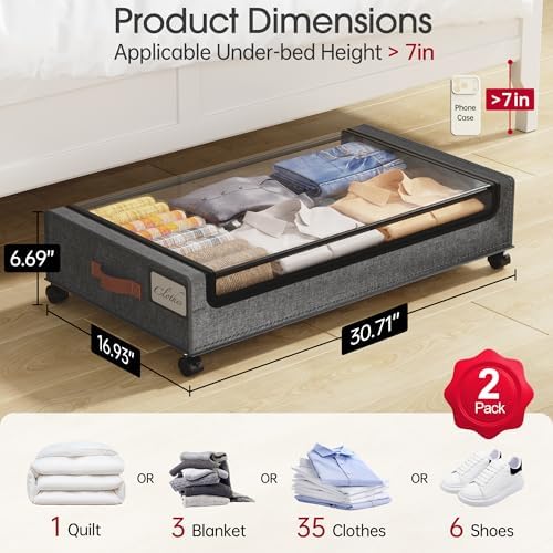 Yecaye Under Bed Storage with Wheels, Underbed Shoe Storage Organizer, Rolling - Image 2