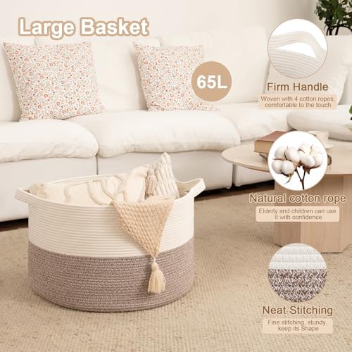OIAHOMY Large Blanket Basket Living Room Cotton Rope Laundry Basket Brown - Image 4