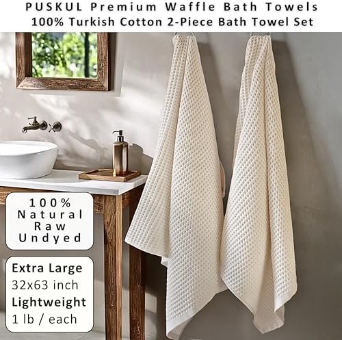 PÜSKÜL Natural 100% Turkish Cotton Waffle Bath Towels Set of 2, Extra-Large - Image 5