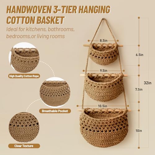 3 Tier Cotton Woven Wall Hanging Fruit Basket, 32 Inch - Image 3