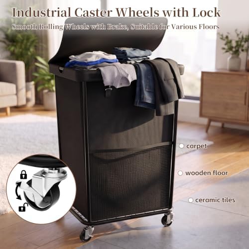 Laundry Hamper with Wheels and Lid, 150L Large Rolling Laundry Basket Black - Image 3