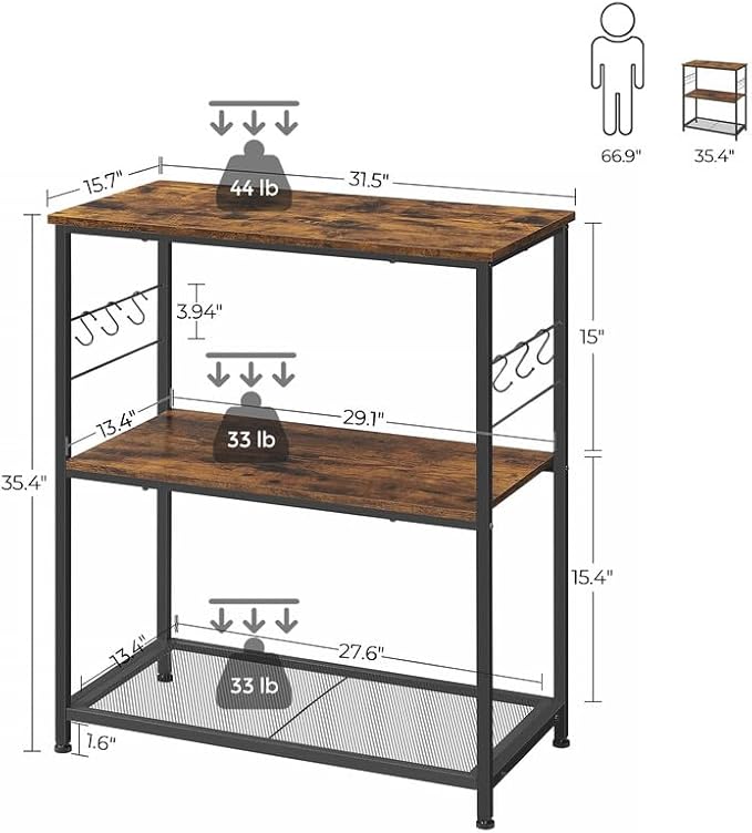 VASAGLE Bakers Rack, Kitchen Shelf, Kitchen Island, Microwave Oven Stand with 3 Open Shelves, 6 Hooks, Metal Frame, 15.7 x 31.5 x 35.4 Inches, Industrial, Rustic Brown and Black UKKI002B01