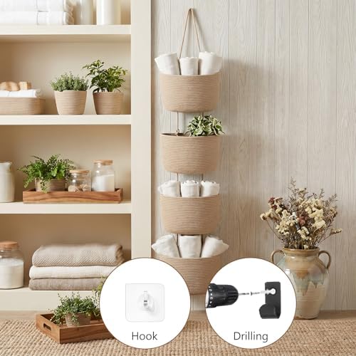 4 Tier Wall Mounted Woven Hanging Basket, Over The Door Hanging Basket - Image 5
