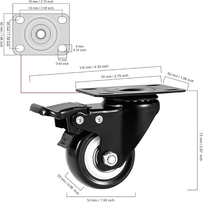 2 inch Casters Set of 16 Heavy Duty - CLOATFET Locking/Swivel Caster Wheels with Brake (Top Plate), Non Marking Black Castor Wheels for Cart Furniture Workbench