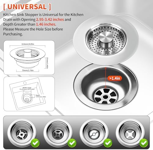 3 in 1 Kitchen Sink Drain Strainer, Universal Stainless Steel Sink Stopper - Image 2