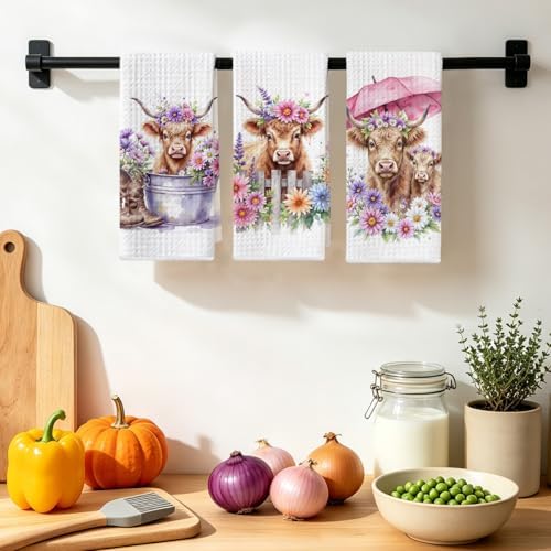 Jztco 3 Pcs Cow Kitchen Towels, Colorful Flower Soft Absorbent Hand Towels - Image 4