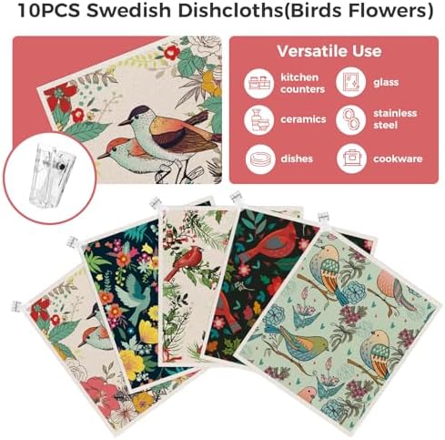 wlich 10 Pack Swedish Dishcloths, Reusable Kitchen Towels, Birds Flowers - Image 4