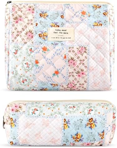 2Pcs Quilted Cotton Makeup Bag Large Travel Makeup Pouch Small Brush Holder Set by Lestp