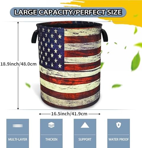 Retro American Flag Laundry Basket Foldable Waterproof Hamper 18.9x16.5 In - Image 2