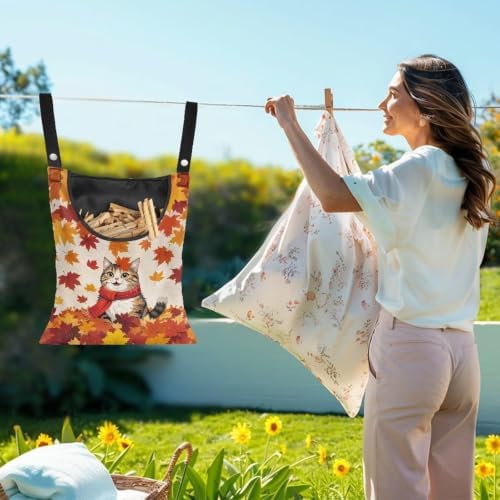 Fall Cat Clothespin Bag Space-Saving Maple Leaf Laundry Hanging Storage - Image 2