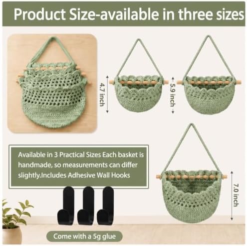 Honeydak 3 Hanging Baskets, Sage Green, Cotton Rope - Image 4