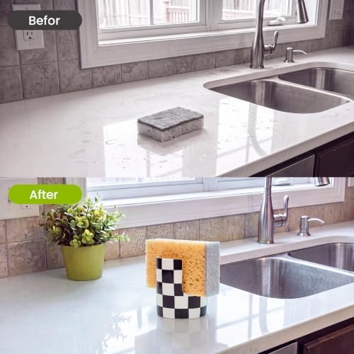 Kitchen Sink Sponge Holder, Checkered Dish Sponge Rack Ceramic Brush Holder - Image 6