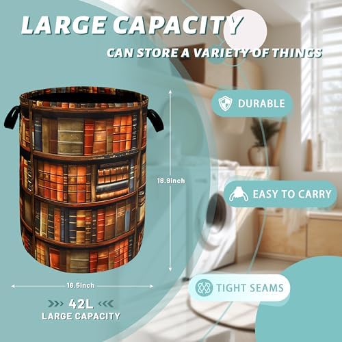 Wooden Bookshelf Laundry Basket Oxford Cloth Foldable Hamper 18.9x16.5inch - Image 2