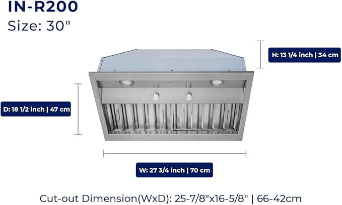 Hauslane Range Hood Insert 30 Inch, Hood Vent for Kitchen | Low Noise Performance, Professional-Grade Baffle Filters, LED Lamps, Stainless Steel Ductless Hood, Built in Range Hood 18.5” Deep