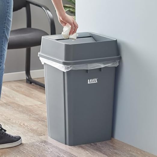Square Trash Can with Drop Shot Lid, 19 Gallon, Gray, Indoor Use