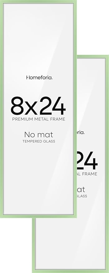 Homeforia 8x24 Panoramic Frame Sage Green, High End Metal 8 x 24 Picture Frame without Mat, 24x8 Hanging Sage Green Poster Frame for Wall, 8by24 Display Photo Frame, Tempered Glass, Wall Kit, Set of 2