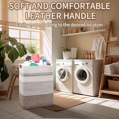 Laundry Hamper, 85L Cotton Rope Laundry Basket, Rice Brown & White - Image 6