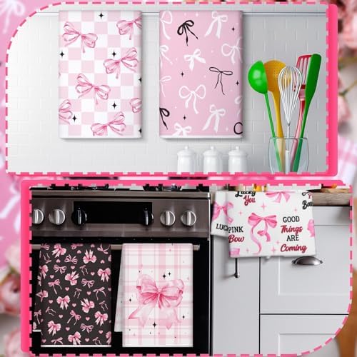 Bencailor 6 Pcs Pink Bow Kitchen Towels Decorative Sets Dish Towels Absorbent - Image 6