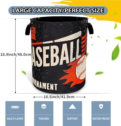 Baseball Sports Laundry Basket Foldable Waterproof Hamper 18.9 x 16.5 Inch - Image 2