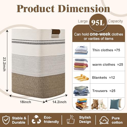 Laundry Hamper, 95L Tall Laundry Basket - Image 3