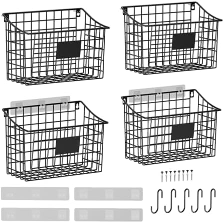 Wall Basket with Label Plate & 5 S-Hooks –4 Pack Hanging Wire Basket by X-cosrack