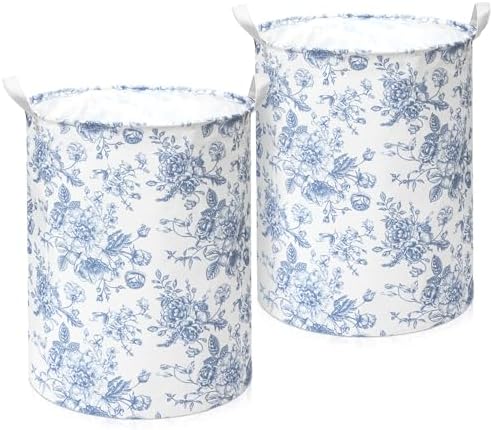 CroBlissful 2 Pcs Blue Floral Laundry Basket Large Foldable Nursery Laundry by CroBlissful