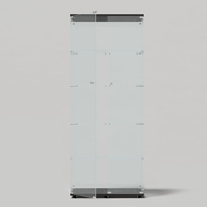 Glass Display Cabinet with LED Light Strip, 5 Shelves with 2 Doors, Curio Storage Cabinets with Lock & Caster for Living Room, Office, Floor Standing Glass Bookshelf, Quick Installation - Black