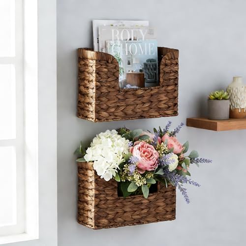 PINXIURY Magazine Holder Wall Basket Water Hyacinth Woven Mail Organizer - Image 3