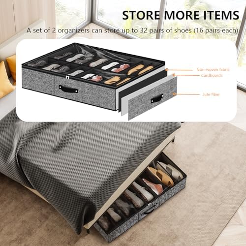 homyfort 32 Pairs Shoe Organizer Under Bed, Underbed Shoe Storage Boxes Bins - Image 3
