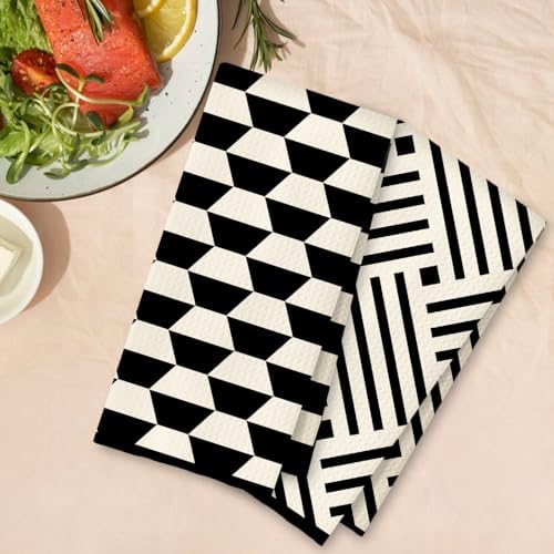 Black and White Kitchen Towels Set of 2, Boho Minimalist Abstract Dish Tea - Image 4