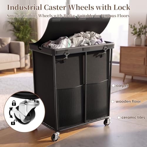 Laundry Hamper with Wheels and Lid, 225L Large Rolling Laundry Basket Black - Image 3