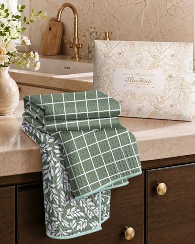 Miss Adola Reversible Microfiber Kitchen Towels Set of 2, Grid & Greenery - Image 6