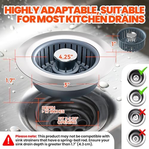 3 in 1 Kitchen Sink Drain Strainer and Stopper Silver 1 Pack - Image 6